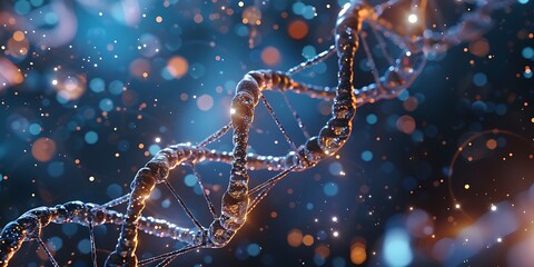 Abstract representation of DNA helix with glowing particles and bokeh lights