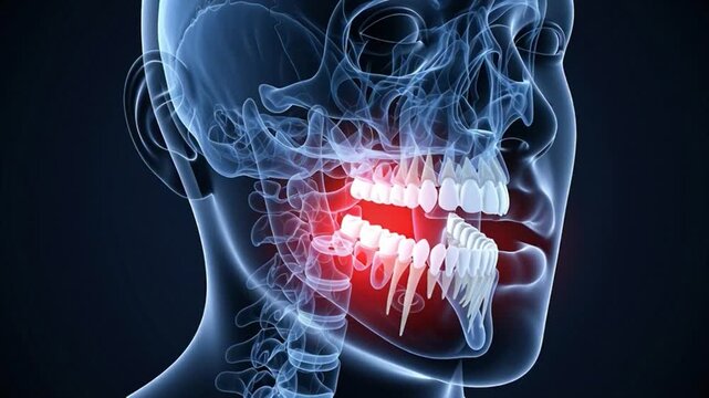 Detailed 3D rendering of human jaw and teeth showing a painful red area indicating dental issues