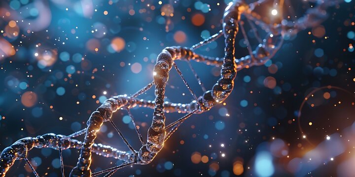 Abstract representation of DNA helix with glowing particles and bokeh lights