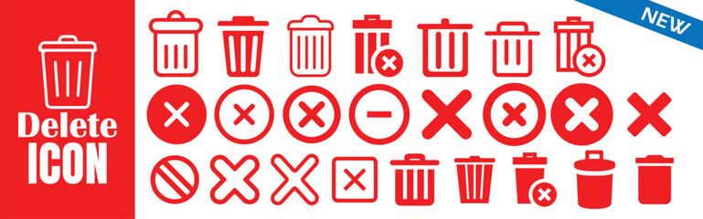 Delete icon vector set. Trash bin symbol. Remove cross sign. Erase button. Cleanup interface