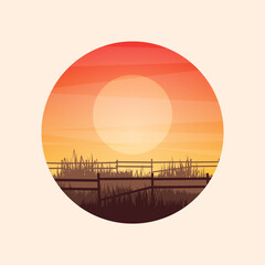 Fototapeta premium Meadow silhouettes with grass and old wooden fence. Countryside, round panoramic summer lawn rural landscape with herbs, weeds. Agriculture and farming. Summer sunset in nature. Vector illustration