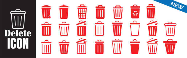 Delete icon set. Trash can sign. Waste basket symbol. Garbage bin vector collection.