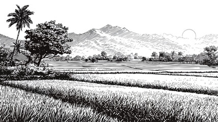 Peaceful Landscape of Rice Fields and Majestic Mountains in Background