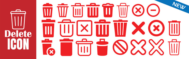 Delete icon set. Trash can sign. Remove and cancel symbols. Garbage bin vector collection.