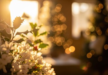 Obraz premium Warm Glow Festive Ambiance with Flowers and Christmas Lights