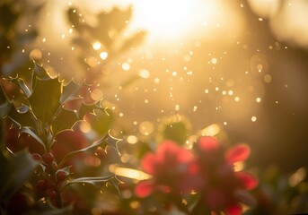 Obraz premium Winter holly plant with vibrant red berries bathed in sparkling sunlight