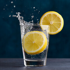 Lemon slices splashing in refreshing water glass