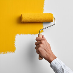 Hand painting wall yellow using paint roller