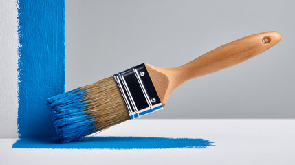 Paintbrush applying blue paint to white wall surface