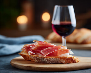 Prosciutto on bread with red wine