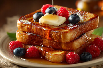 French toast stack with berries and maple syrup