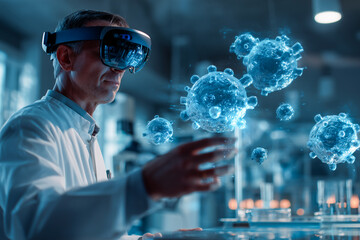 scientist wearing augmented reality headset analyzing holographic molecular structures in high tech laboratory