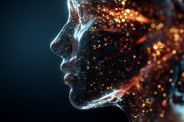 human head made of transparent glass filled with floating data particles symbolizing scientific thinking and technology