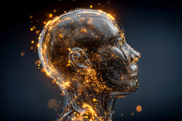 human head made of transparent glass filled with floating data particles symbolizing scientific thinking and technology