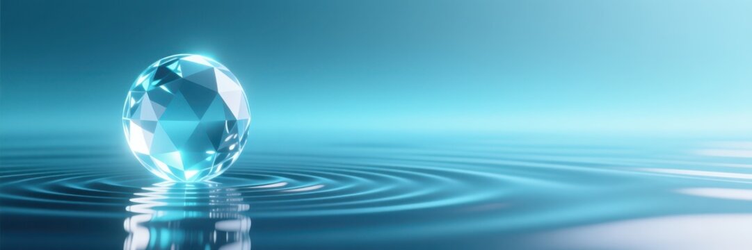 A glowing crystal sphere on a blue water surface creating concentric ripples. Abstract background for meditation and wellness concepts with copy space