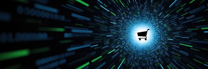 Fototapeta premium E-commerce and online shopping concept. Shopping cart icon in a digital data tunnel with binary code. Black Friday cyber sale technology background