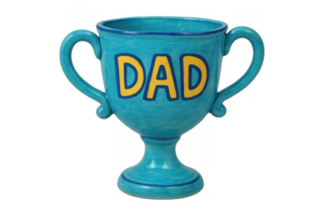 Blue ceramic trophy cup with dad lettering honoring fathers, showing appreciation and recognition on father's day