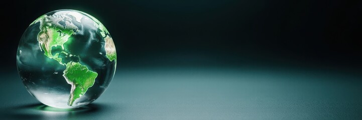 A glowing glass globe of planet Earth on a dark background. Green ecology and environmental sustainability concept. Panoramic banner with copy space