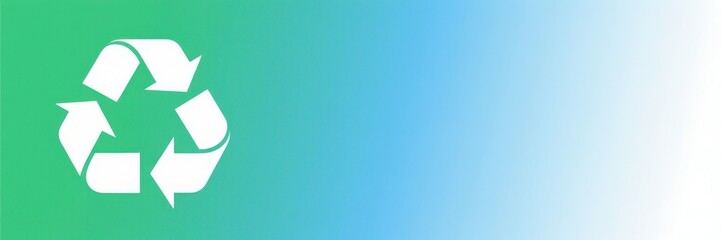 Naklejka premium White recycling symbol on a green and blue gradient background. Ecology and environmental conservation concept. Panoramic banner with copy space