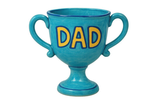 Blue ceramic trophy cup with dad lettering honoring fathers, showing appreciation and recognition on father's day