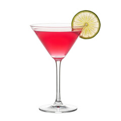 Refreshing pink cosmopolitan cocktail garnished with lime slice in a martini glass transparent background