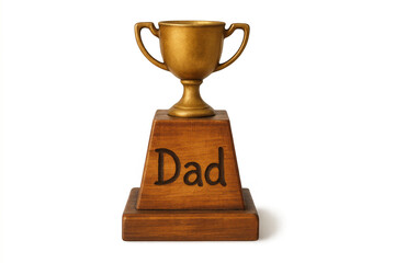 Gold trophy with dad engraved on a wooden base, representing appreciation and the best father award on transparent background