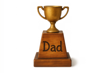 Gold trophy with dad engraved on a wooden base, representing appreciation and the best father award on transparent background