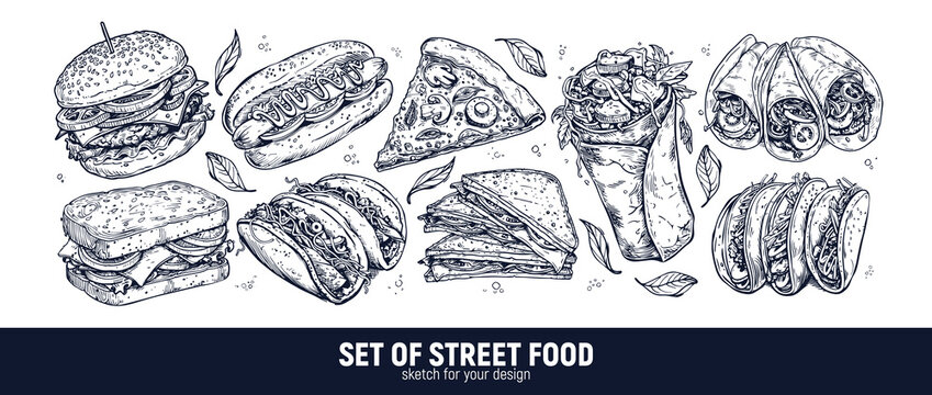 Fast food and street food: hamburger, hot dog, pizza, shawarma, sandwich, tortilla, taco, gyros in vintage style. Hand-drawn sketch.
