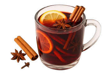 Warm festive mulled wine with spices and orange slices for holidays, winter drinks, cozy evenings