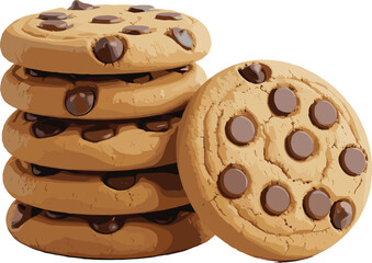 Freshly baked, golden brown, chocolate chip cookies, stacked dessert, chewy texture, homemade snack, sweet treat, comfort food, bakery style