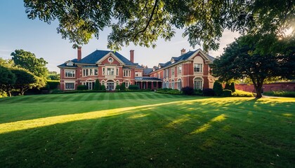 Grand, red brick mansion with dormer windows, expansive lawn bathed in golden sunlight, framed by trees