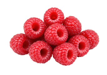 Isolated pile of fresh red raspberries; close-up view of delicious and juicy fruit, studio shot