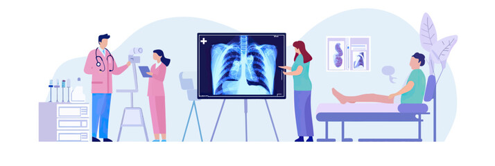Doctor analyzing chest x-ray image with medical team and patient on examination table in hospital clinic for respiratory diagnosis and lung health assessment vector illustration