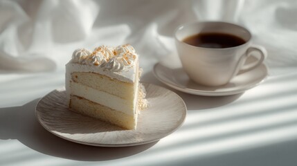Delicious cake slice with vanilla frosting accompanied by a cup of coffee