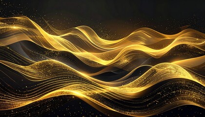 Golden waves flow across a dark background, sparkling with light and creating depth
