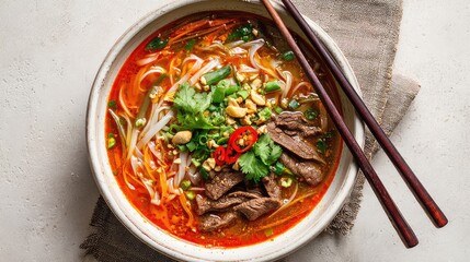 Top view of a Suanla Fen, hot and sour vermicelli with beef, prepared without any alcohol