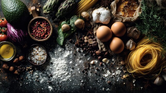 Culinary still life with fresh ingredients for a delicious rustic meal preparation