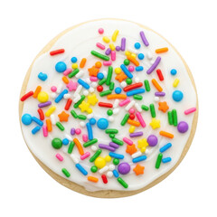 Deliciously decorated sugar cookie with white frosting and colorful sprinkles awaiting enjoyment transparent background