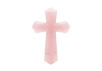 Obraz premium Isolated gemstone crystal cross, pink carving religious spiritual decorative object. Rose quartz