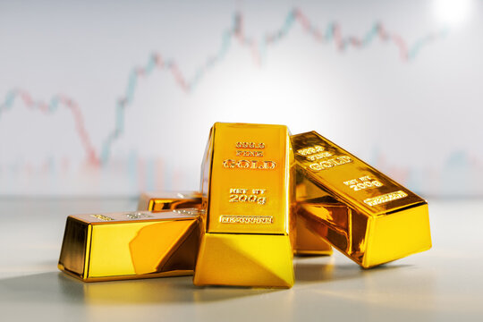 Gold bars on an upward trend on chart background.