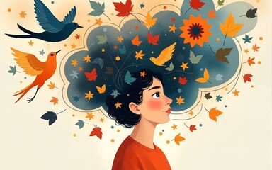 Mental health issues concept. Girl surrounded by swirling abstract elements such as birds and leaves. Flurry of thoughts, emotions, and experiences that can affect mental health. Generative AI