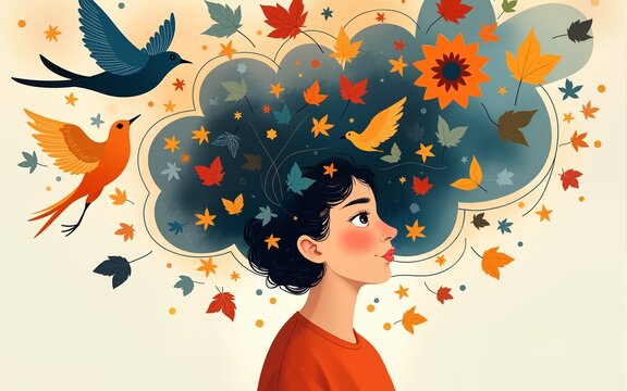 Mental health issues concept. Girl surrounded by swirling abstract elements such as birds and leaves. Flurry of thoughts, emotions, and experiences that can affect mental health. Generative AI