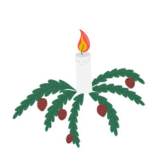 Christmas burning candle and fir branches with pine cones decorative festive element