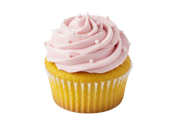 Isolated pink frosted cupcake with tiny pearl decorations, tasty sweet dessert treat