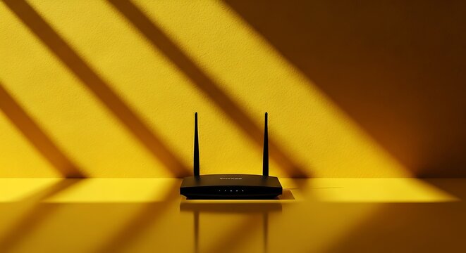 Black wireless router with antennas on yellow surface with diagonal light shadows wifi internet - Powered by Adobe