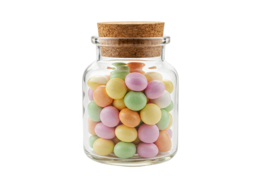 Isolated jar of pastel candy coated chocolate eggs, sweet treat dessert confectionery