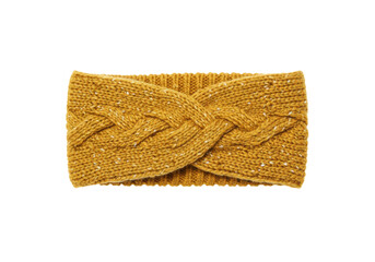 Isolated mustard yellow wool headband with cable knit design, hair accessory style