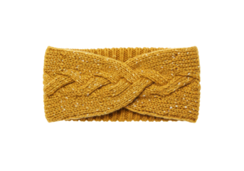 Isolated mustard yellow wool headband with cable knit design, hair accessory style