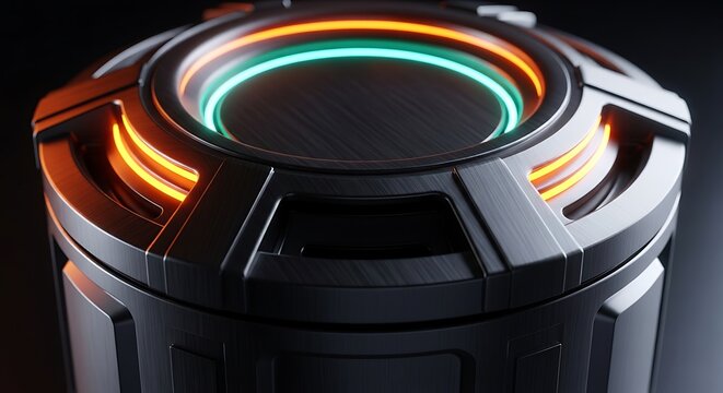 Futuristic metallic cylinder with glowing orange and teal neon rings object technology