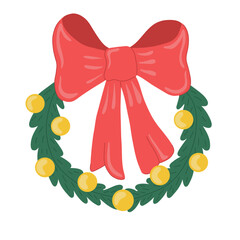 Christmas wreath made of spruce or pine branches with yellow balls with big red bow